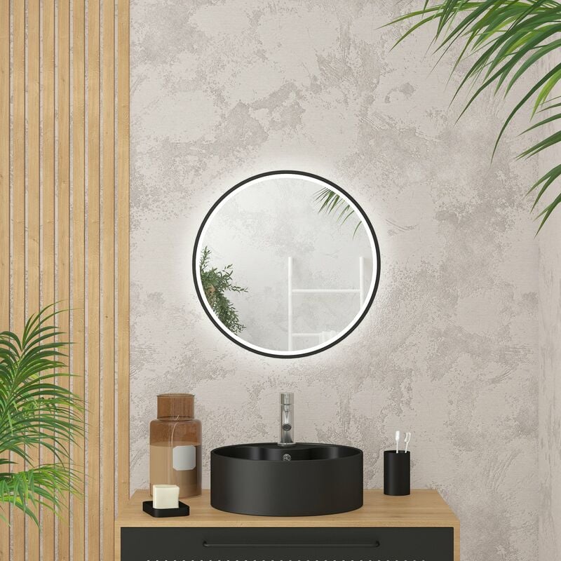 Miroir salle de bain ROND avec éclairage LED et contour noir - Diam 50cm