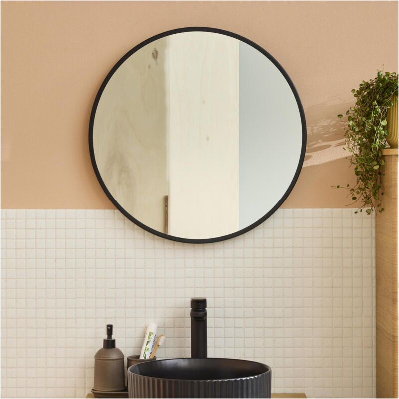 Miroir rond cadre métal noir 60cm ema