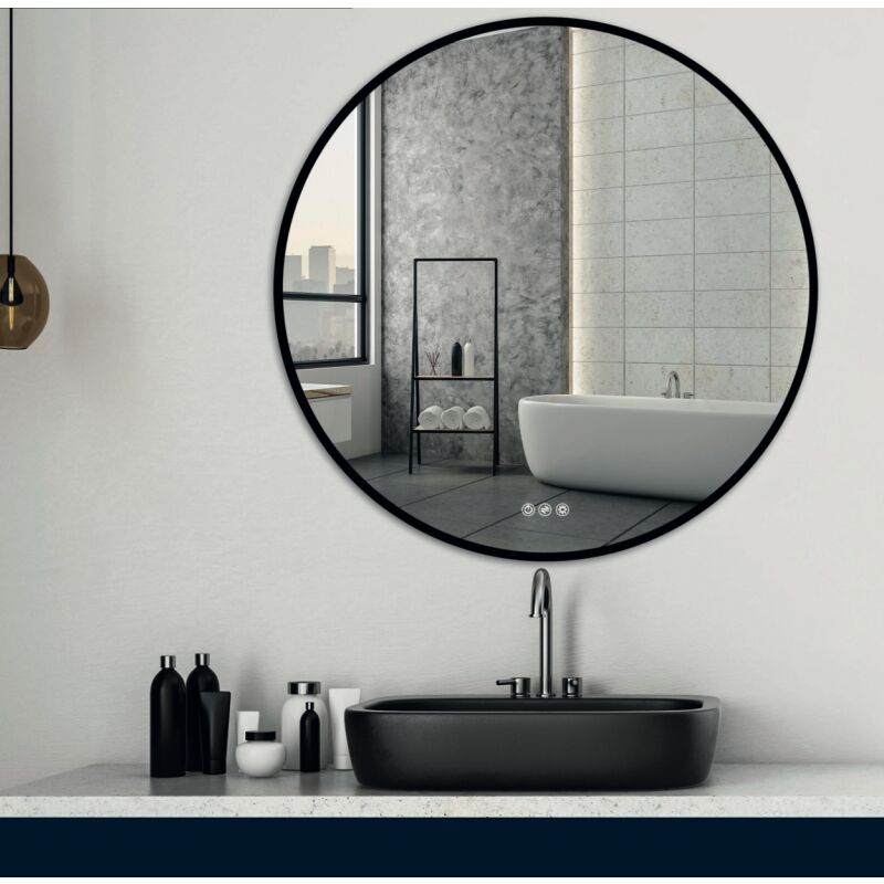 Miroir rond cadre noir, led 120 cm variateur de lumière - atelier
