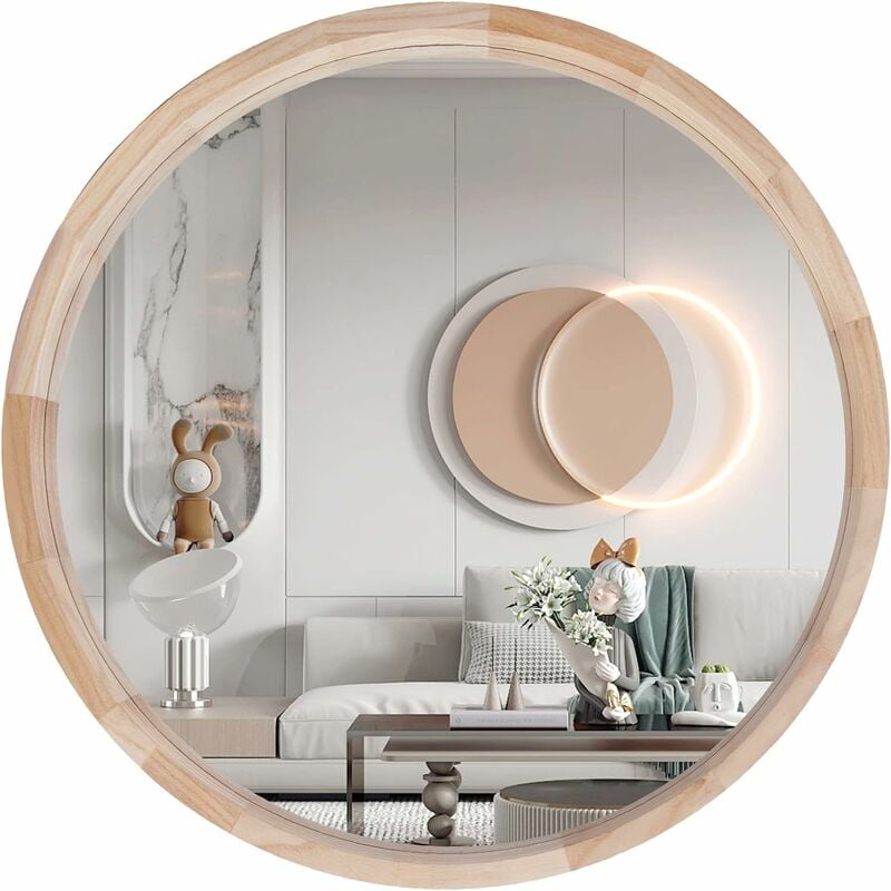 Cassilando - 76cm miroir mural rond en bois de , grand miroir décoratif rond, salon, salle de bain, chambre, entrée, naturel