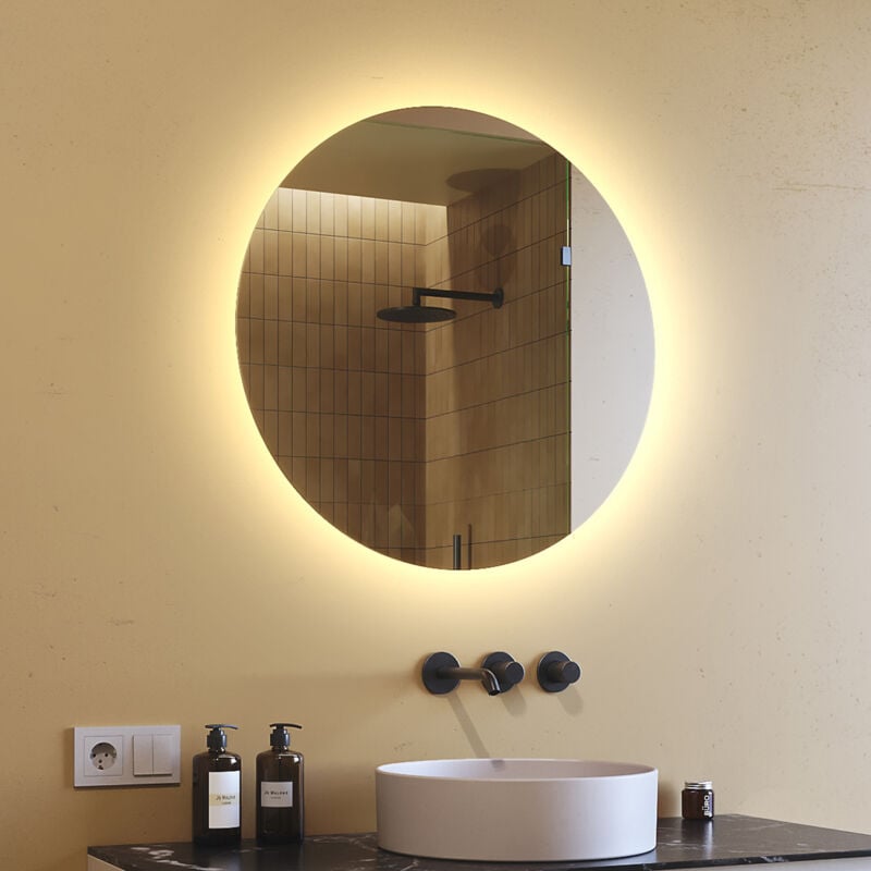 Artforma - Miroir Rond De Salle De Bain 70x70 cm Moderne led Miroir Mural Rond Miroir Illumination led Eclairage Salle De Bain OKR082 Blanc Chaud
