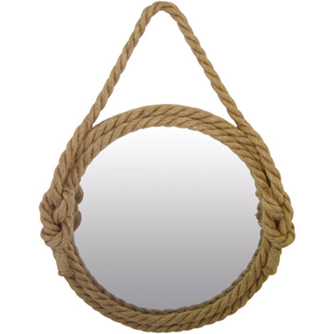 Miroir rond décoratif 32 cm – Bois naturel et verre – Corde suspendue pour décoration intérieure – Design chic et authentique – Signes Grimalt