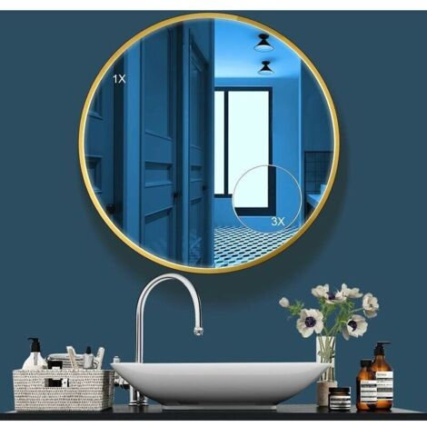Miroir Rond Doré. 60cm Miroir Mural Decoratif avec Cadre Métal. Miroir Cosmétique pour Salle de Bain Salon Chambre avec Petit Miroir de 12cm avec Grossissement 3X pour Chambre Salle de Bain Sa
