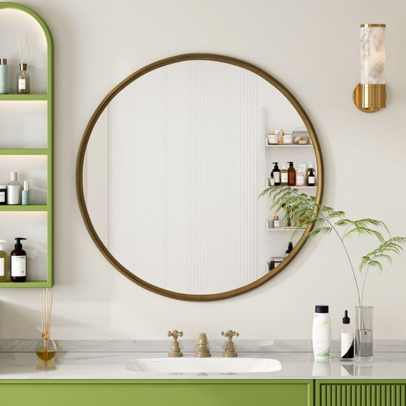 Miroir rond en bronze 80 cm, miroir de salle de bain pour mur, miroir mural rond avec cadre en métal, pour mur, salon, chambre, vanité, entrée,