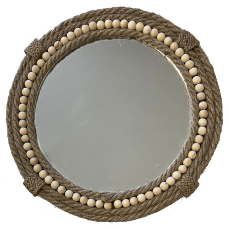 Miroir rond en jute tressée et perles de bois 30 cm