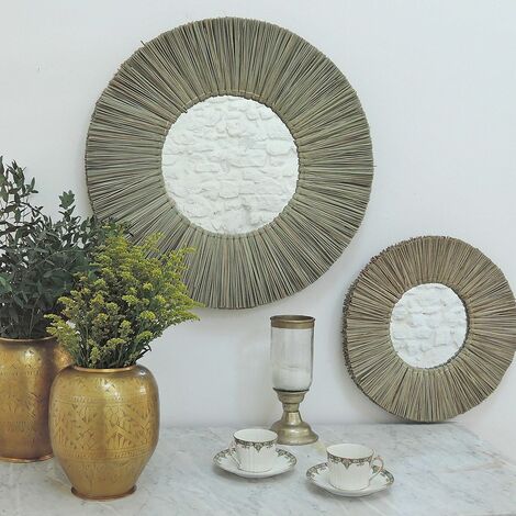Miroir rond en paille de mendong 40 cm - Sumba - Beige