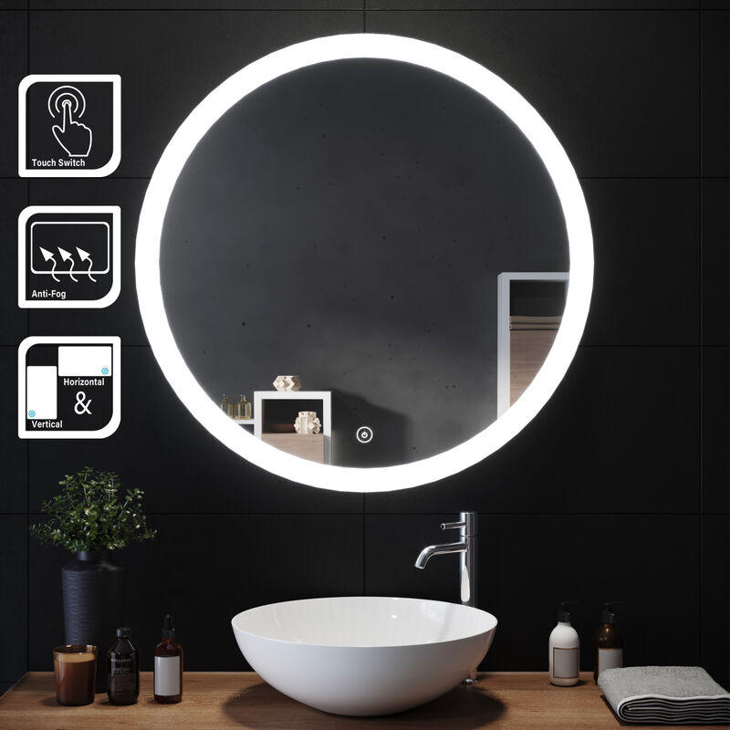 Miroir rond led Lumineuse led Miroir de maquillage anti-buée et an-ti poussière avec capteur tactile,lumière blanche Sirhona 80x80cm