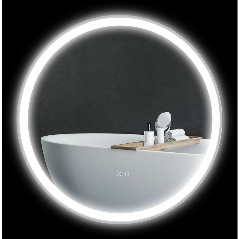 Kleankin - Miroir rond lumineux led de salle de bain ø 80 cm mural avec éclairage 3 couleurs interrupteur tactile système antibuée 46W blanc argent