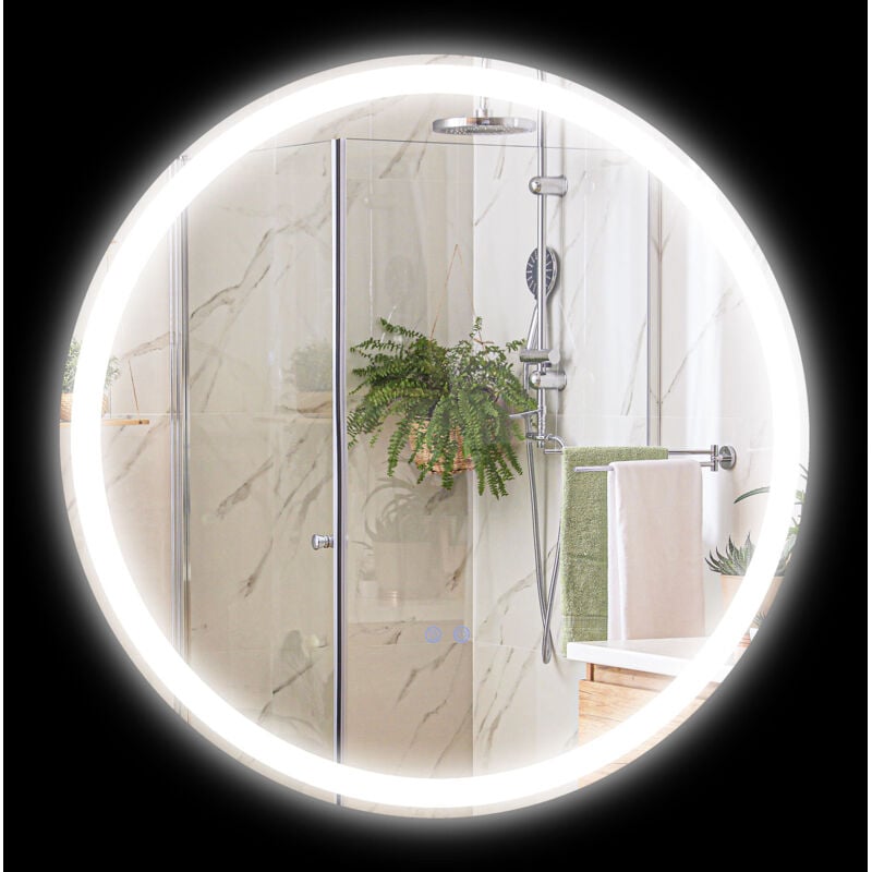 Miroir rond lumineux led de salle de bain 23 w ø 70 cm tactile antibuée blanc argent