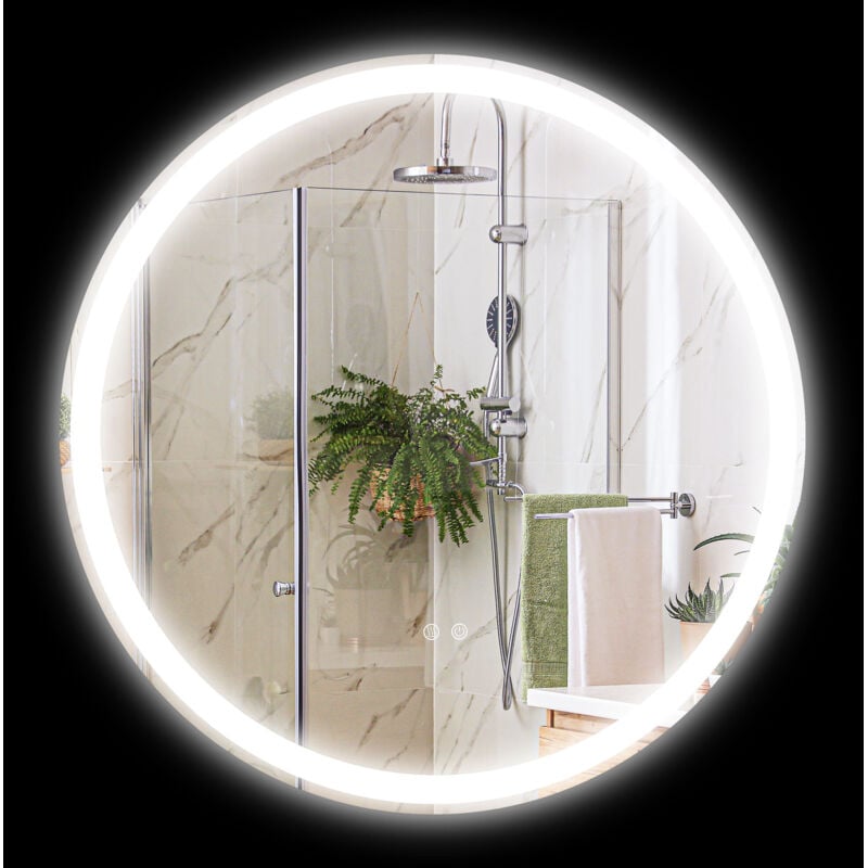 Miroir rond lumineux led de salle de bain 29 w ø 60 cm tactile antibuée blanc argent