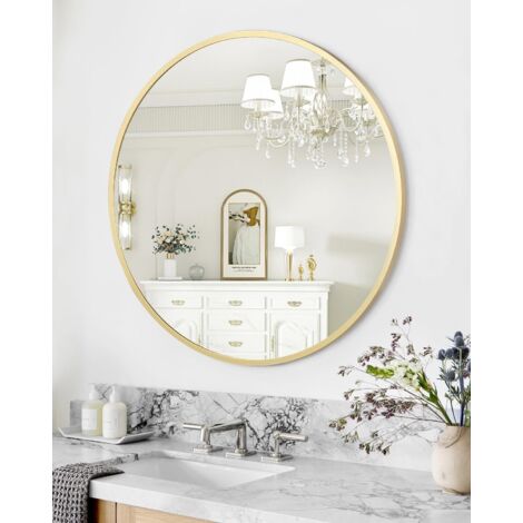 Miroir Rond Mural 50x50cm, Cadre en Métal Doré, Miroir Décoratif pour Salle de Bain, Chambre, Salon, Couloir