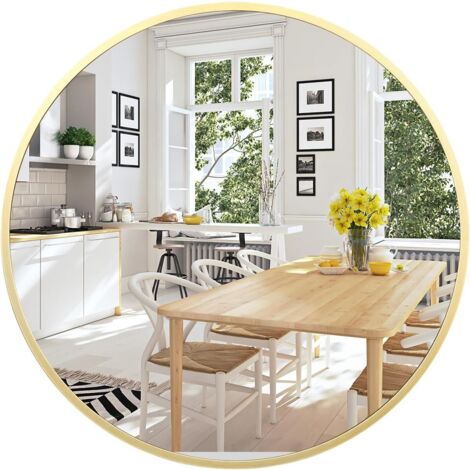 Miroir Rond Mural 60x60cm, Cadre en Métal Doré, Miroir Décoratif pour Salle de Bain, Chambre, Salon, Couloir
