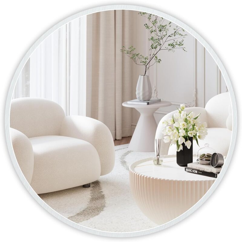 Miroir Rond Mural,60x60cm Miroir hd Moderne en Cadre pour décorer, Salle de Bain, Salon Chambre, Blanc