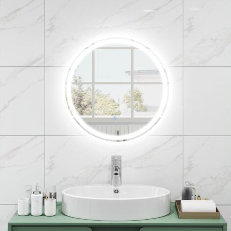 Miroir Rond Mural Dia.60 cm avec Lumières à Intensité Variable à 3 Couleurs Interrupteur Tactile Fonction Antibuée et Mémoire Sans Cadre