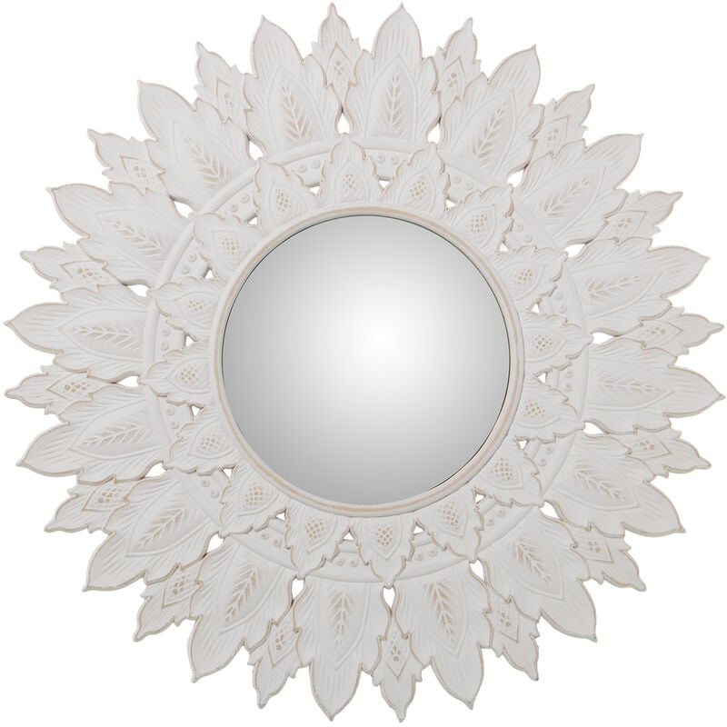 Fijalo - Miroir Rond Ø70 Cm Bois Décapé Blanc Ajouré, Int:Ø28 Cm °70X2 Cm, Int:°28 Cm