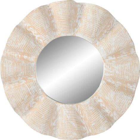 Miroir rond sculpté teck blanc effet décapé style naturel - Blanc décapé teck naturel