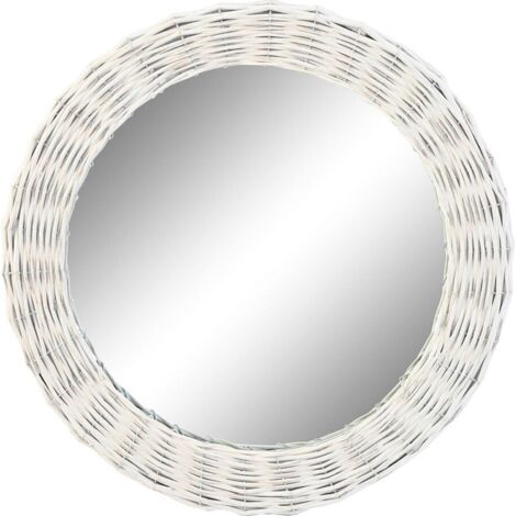 Miroir rond tressé blanc style cottage en osier et verre - blanc tressé effet osier
