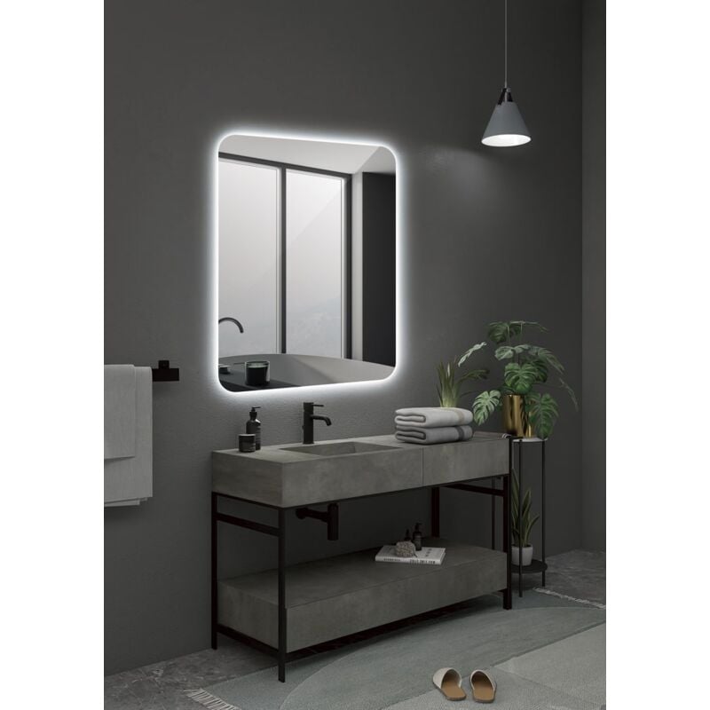 Miroirs avec lumière led pour salle de bain aux bords arrondis, rétroéclairés par lumière froide - miroir avec lumière de maquillage - taille 60x80CM