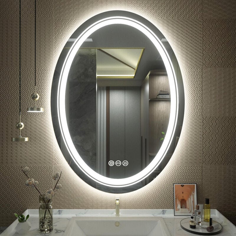 Miroir Salle de Bain led Ovale avec Éclairage Intégré Miroir Mural Lumineux Anti-buée avec Lumière Blanche Froid / Banche Chaud - 50x70 cm