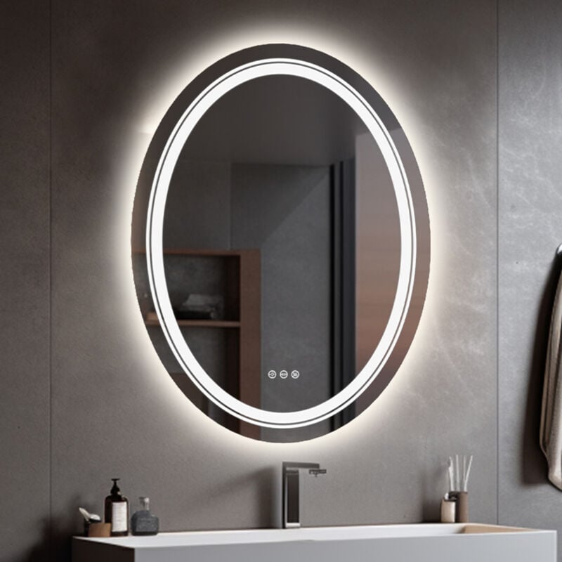 Miroir Salle de Bain led Ovale avec Éclairage Intégré Miroir Mural Lumineux Anti-buée avec Lumière Blanche Froid / Banche Chaud - 60x80 cm