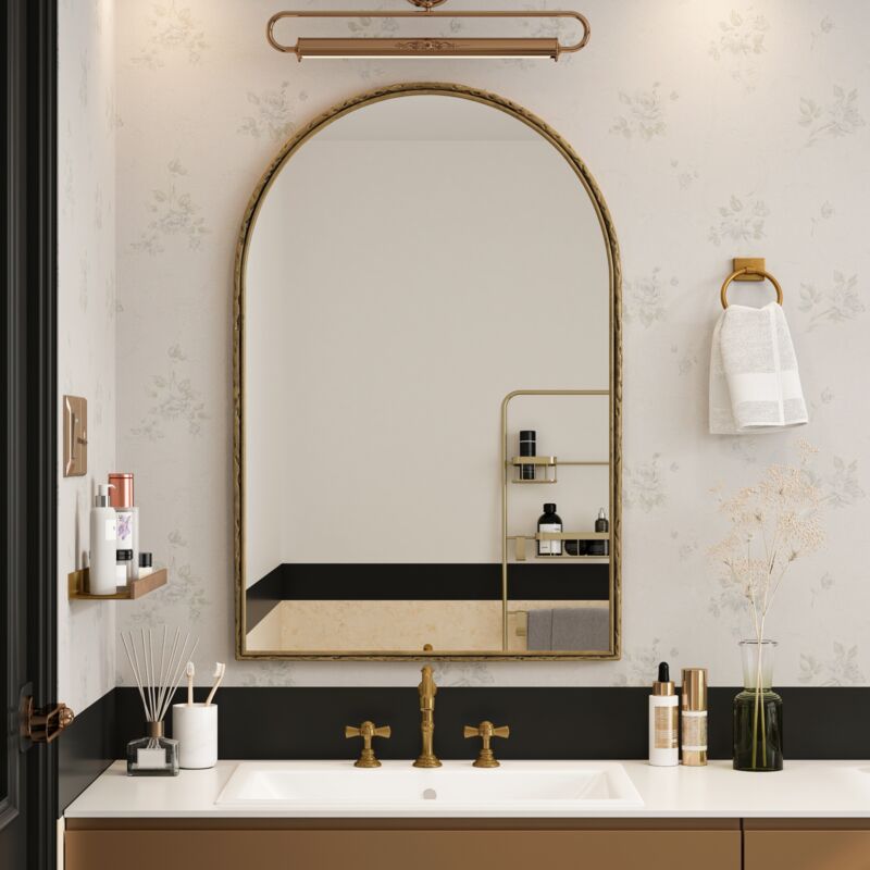 Eifson - Miroir salle bain 91x61 cm, arche en fer forgé, Style bohème, fixation murale, convient pour salle de bain, chambre, salon - Doré