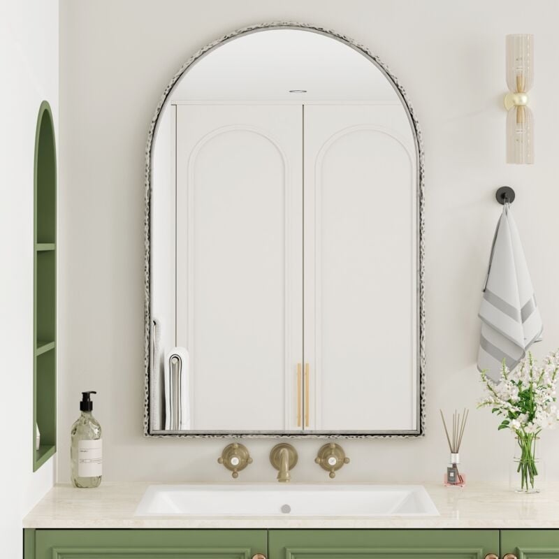 Eifson - Miroir salle bain 91x61 cm, arche en fer forgé, Style bohème, fixation murale, convient pour salle de bain, chambre, salon - Argent