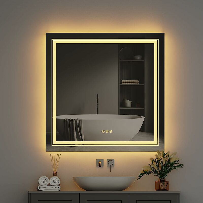 Miroir Salle Bain led Carré - Miroir Mural Lumineux Salle de Bain avec Eclairage Integré Anti-buée pour Maquillage Salle de Bain Chambre Maison
