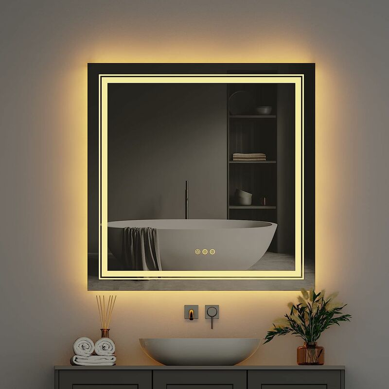 Unho - Miroir Salle Bain led Carré - Miroir Mural Lumineux Salle de Bain avec Eclairage Integré Anti-buée pour Maquillage Salle de Bain Chambre