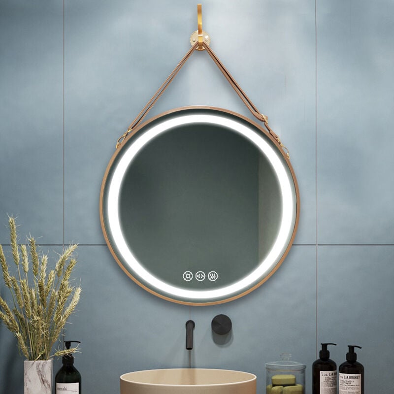 Miroir Salle de Bain led Rond 80 cm Doré Anti-buée Miroir Mural Suspendu avec Eclairage led pour Maquillage Rasage Coiffage