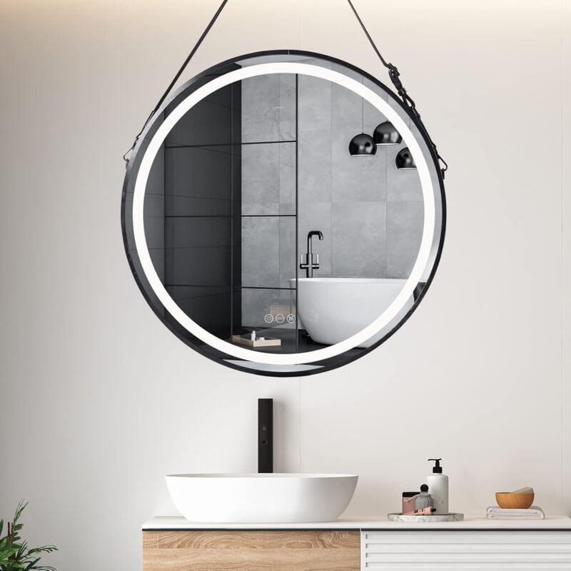 Miroir Salle de Bain led Rond Miroir Mural Doré Noir Lumineux avec Eclairage Integre Anti-buée Suspendu - φ 60cm Noir