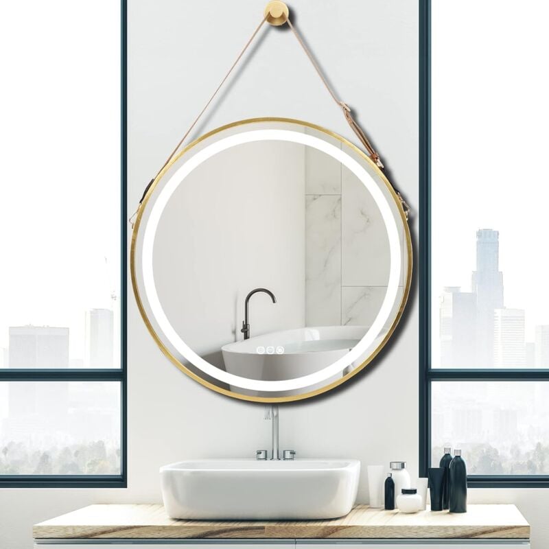 Miroir Salle de Bain led Rond Miroir Mural Doré Noir Lumineux avec Eclairage Integre Anti-buée Suspendu - φ 80cm Doré
