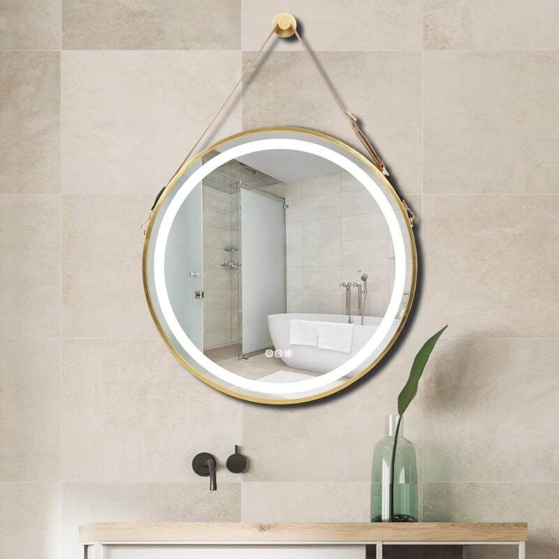 Miroir Salle de Bain led Rond Miroir Mural Doré Noir Lumineux avec Eclairage Integre Anti-buée Suspendu - φ 60cm Doré