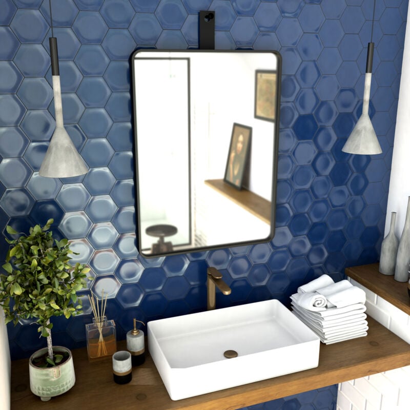 Miroir salle de bain 60x80cm suspendu noir mat - avec lanière effet cuir noir - nordik rektangel