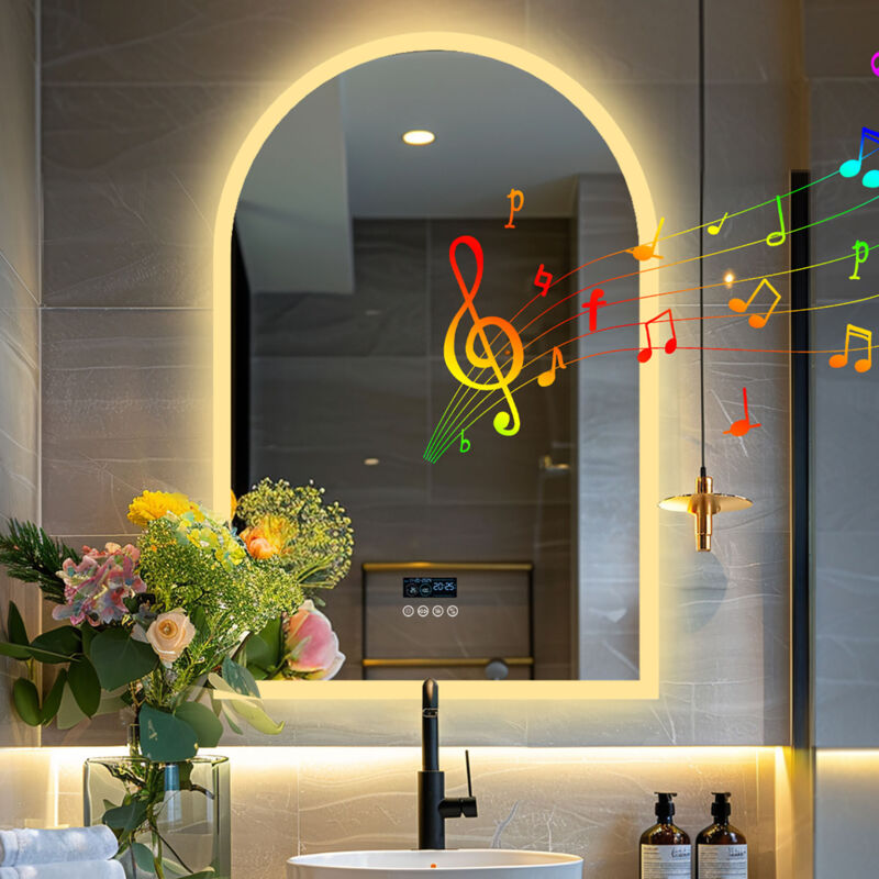 Miroir Salle de Bain Arch Bluetooth - 90×60cm Miroir lumineux de salle de bain led Anti Buée avec Haut-parleur, Affichage Digital, Mémoire Fonction,