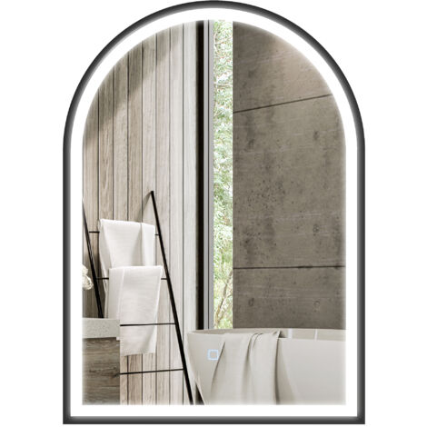 Miroir salle de bain avec éclairage 50 x 70 cm, miroir LED arqué, anti-buée, 3 couleurs lumière, dimmable, mémoire, noir
