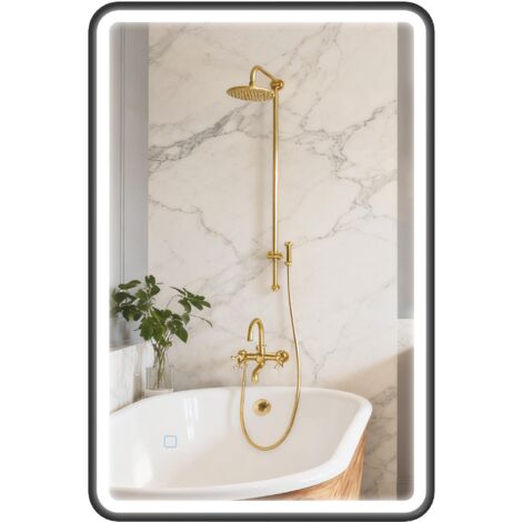 Miroir salle de bain avec éclairage 90 x 60 cm, miroir LED mural, anti-buée, 3 couleurs lumière, dimmable, noir