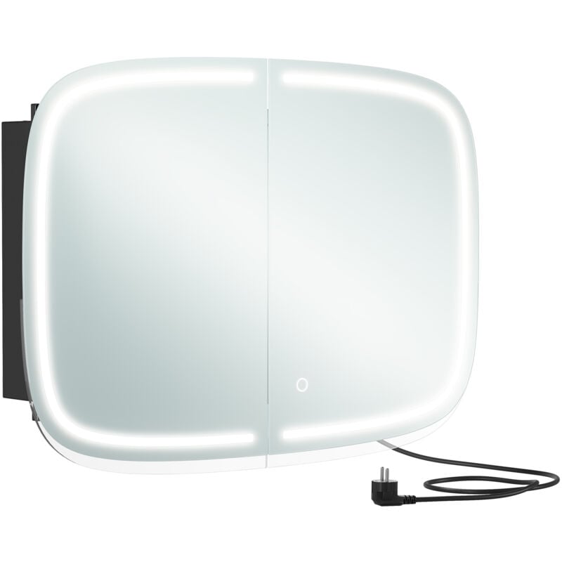 Vasagle - Miroir Salle de Bain avec Éclairage, Armoire de Toilette, avec 2 Prises ac, 2 Prises usb, 2 Étagères Réglables, Coins Arrondis, Noir d'Encre