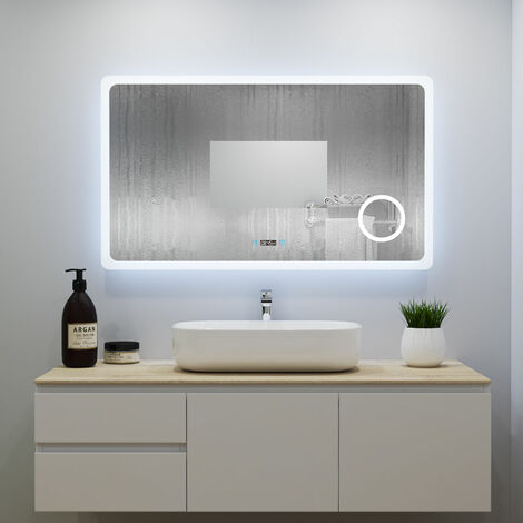 Miroir salle de bain avec éclairage + miroir mural cosmétique lumineux + 3couleurs LED réglables + anti-buée + Miroir grossissant + Horloge numérique 160x80cm
