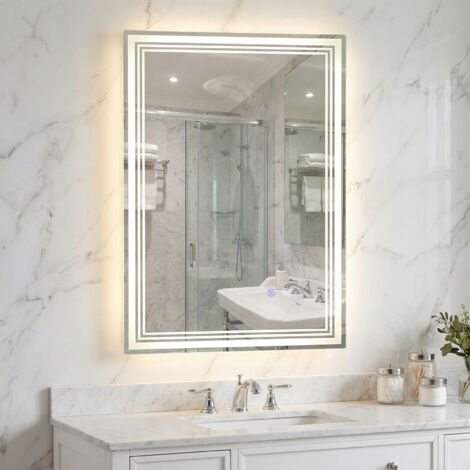 Miroir Salle de Bain avec Eclairage, Miroir Mural Rectangulaire Antibuée, 3 Couleurs de Lumière, Luminosité Réglable, Fonction Mémoire, 70 x 50 cm