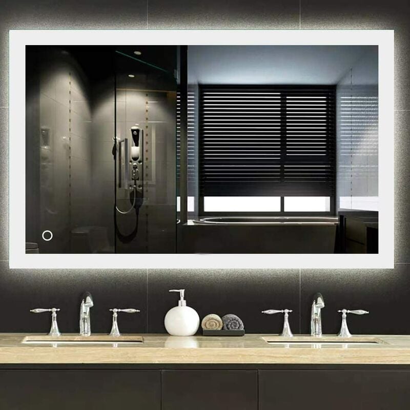 Miroir de Mur de Salle de Bains, Commande Tactile éclairée ,avec Fonction Anti-buée, 2835 LED Strip Angle Droit (9070cm)