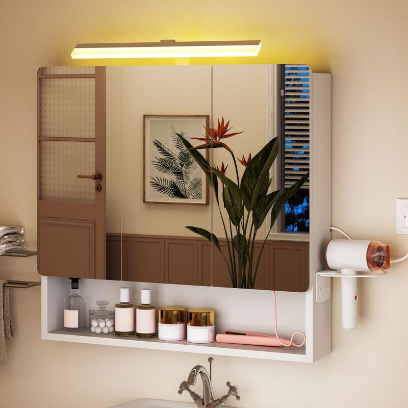 Miroir Salle de Bain avec Rangement, Armoire Lumineuse à LED avec Prise Intégrée, 70x65x15 cm Meuble Mural 3 Portes, Support Sèche-Cheveux, 3