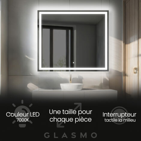 Miroir Salle de Bain LED 80x70 cm Bella - Horizontal Rectangulaire Miroir Mural Avec Éclairage Intégré Miroir Lumineux - Blanc Froid 7000 K avec Interrupteur Tactile