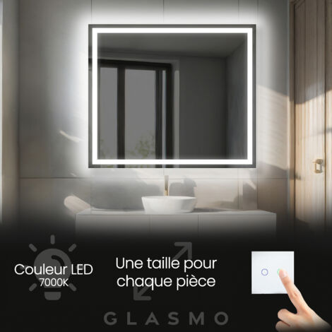 Miroir Salle de Bain LED 80x90 cm Bella - Vertical Rectangulaire Miroir Mural Avec Éclairage Intégré Miroir Lumineux - Blanc Froid 7000 K