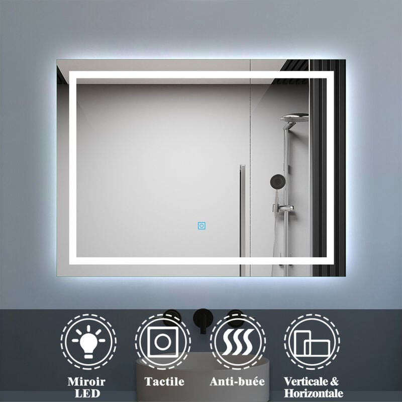 Miroir salle de bain led anti-buée, avec éclairage led 90 x 60cm réversible IP44 commande par effleurement