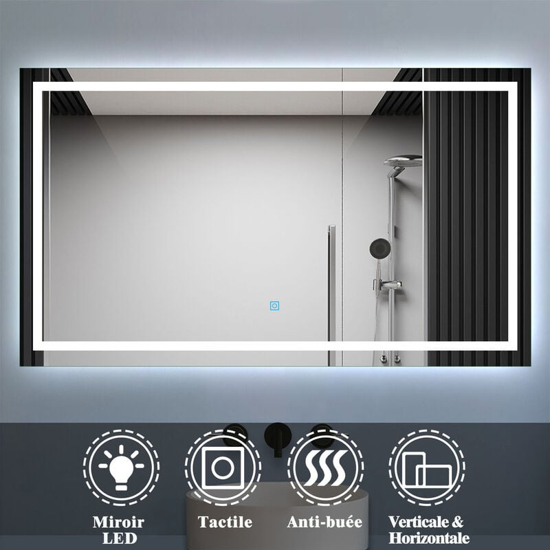 Acezanble - Miroir salle de bain led anti-buée, avec éclairage led 150 x 80cm réversible IP44 commande par effleurement