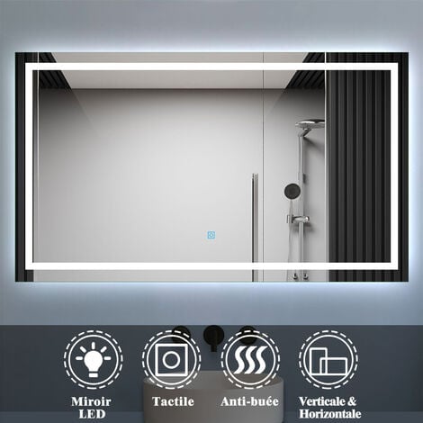 Miroir salle de bain led anti-buée, avec éclairage LED réversible  IP44 commande par effleurement