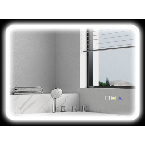 Miroir salle de bain LED bluetooth 50 x 70 cm interrupteur tactile lumière réglable 3 couleurs anti-buée mémoire argent
