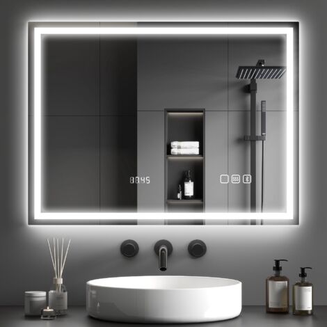 Miroir salle de bain LED bluetooth 60 x 80 cm interrupteur tactile lumière réglable 3 couleurs anti-buée mémoire argent