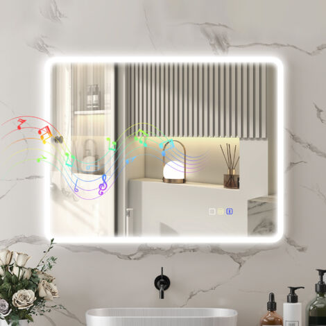 Miroir salle de bain LED bluetooth 70 x 90 cm interrupteur tactile lumière réglable 3 couleurs anti-buée mémoire argent