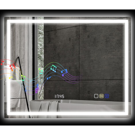 Miroir salle de bain LED Bluetooth 80x100 cm tactile lumière variable 3 couleurs antibuée mémoire argent